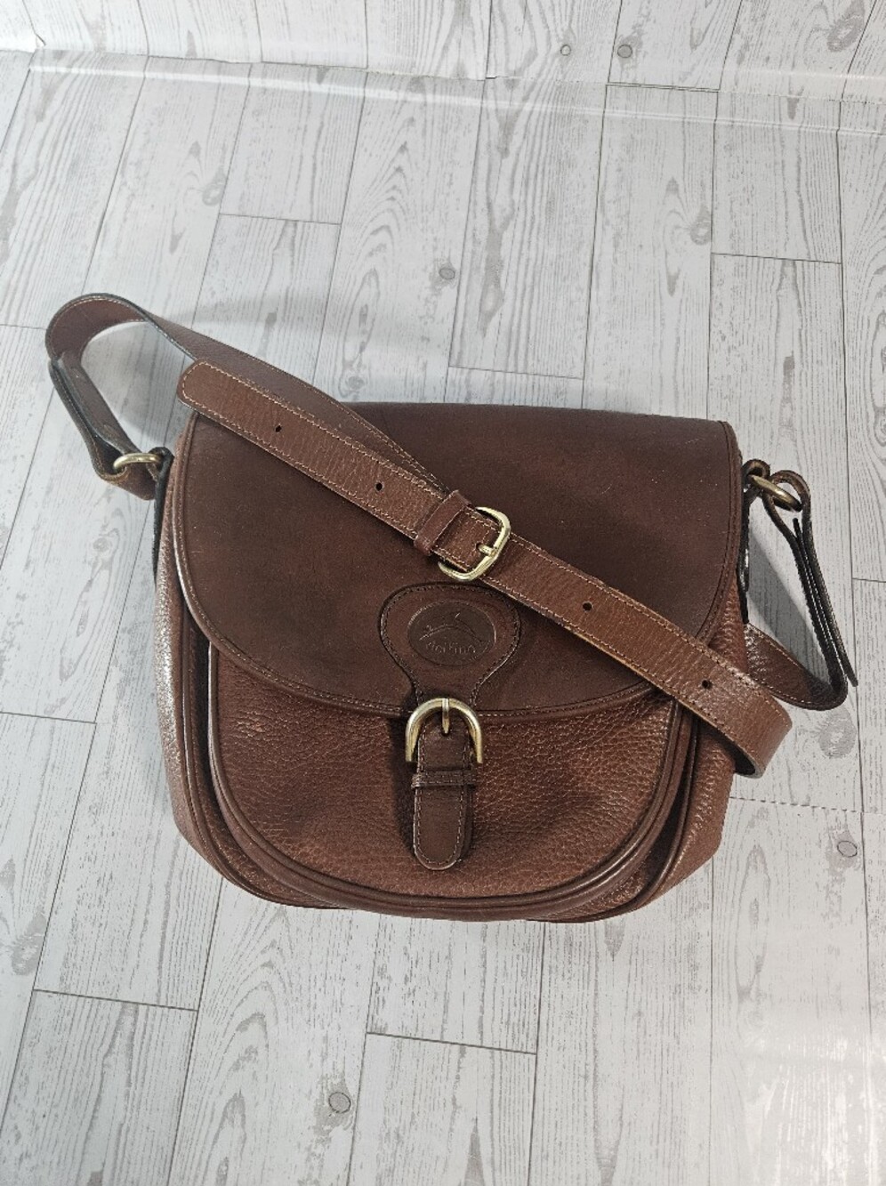 Vintage Delfino Brown Leather Crossbody Bag Adjustable Strap Minimalist Buckle